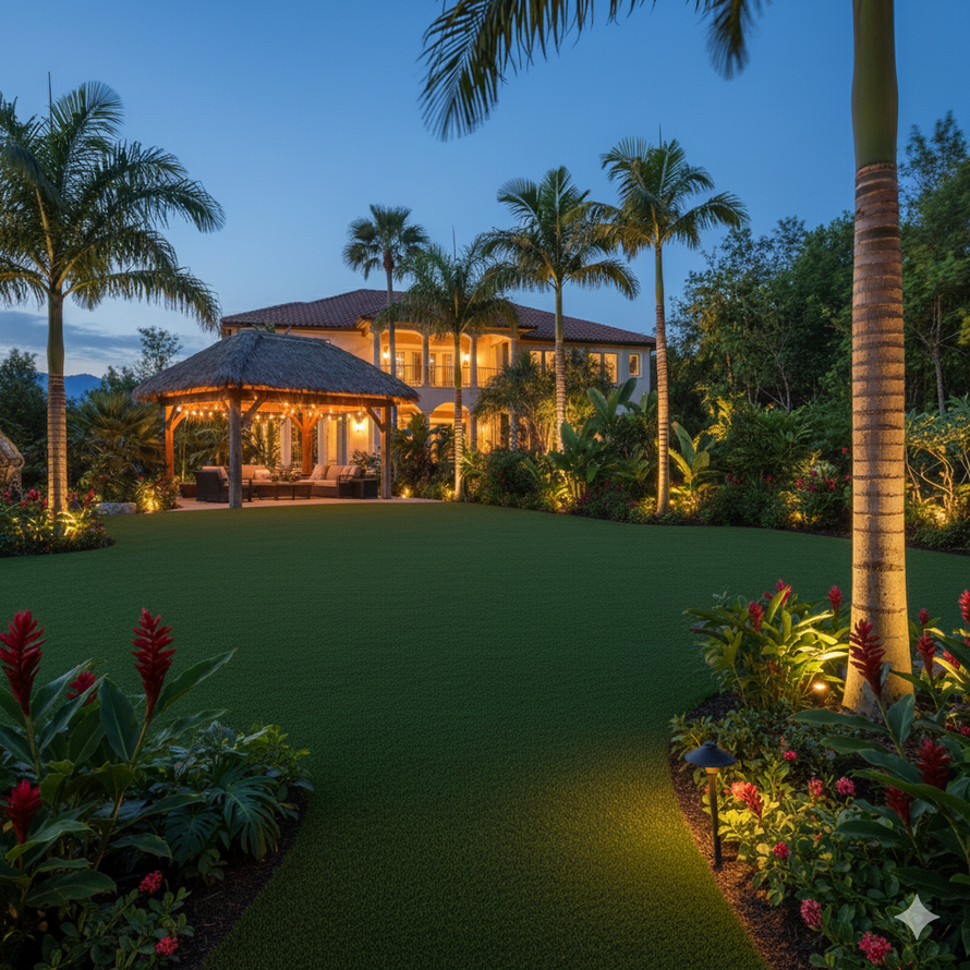 Three landscapers tend to a lush backyard garden with palm trees, stone pathways, and green turf near a large house.
