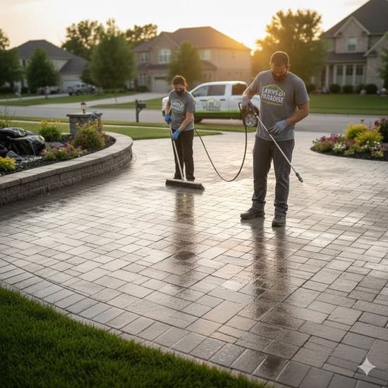Three landscapers install a stone garden bed in front of a house on a sunny day.