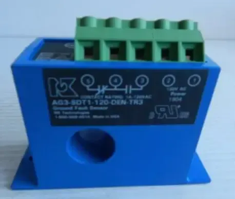 Blue and green electrical component with labeled terminal block and mounting base