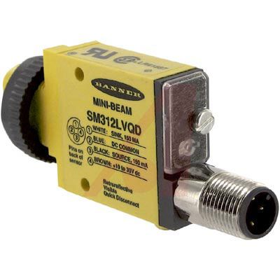 Yellow industrial sensor with threaded metal connector and black adjustment knob on the side