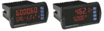 Two black digital panel meters with red LED readings and blue side buttons on white background