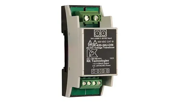 Black DIN-rail electrical relay module with green terminal blocks and printed label