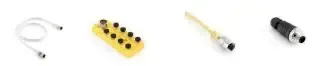 Assorted electronic connectors and cables on a white background, including black, yellow, and silver parts