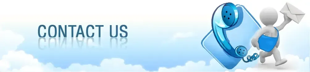 Blue “CONTACT US” banner with a cartoon person holding a megaphone and a help icon