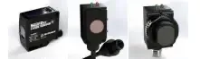 Three views of a black electronic device with a round front button and attached cable connector