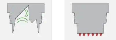 Two gray connector cross-sections: left with green airflow lines, right with red droplets under the opening