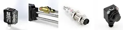 Four industrial sensors and connectors, black and metallic, shown side by side on white background