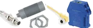 Assorted industrial electrical connectors and components on a white background