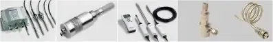 Assorted electrical connectors and cables laid out in a row on a white background