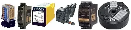 Assorted industrial relays and timers in black, yellow, white, and blue housings, displayed in a row.