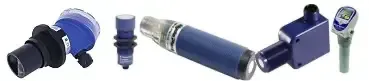 Assorted industrial sensors and probes in blue and black housings on a white background