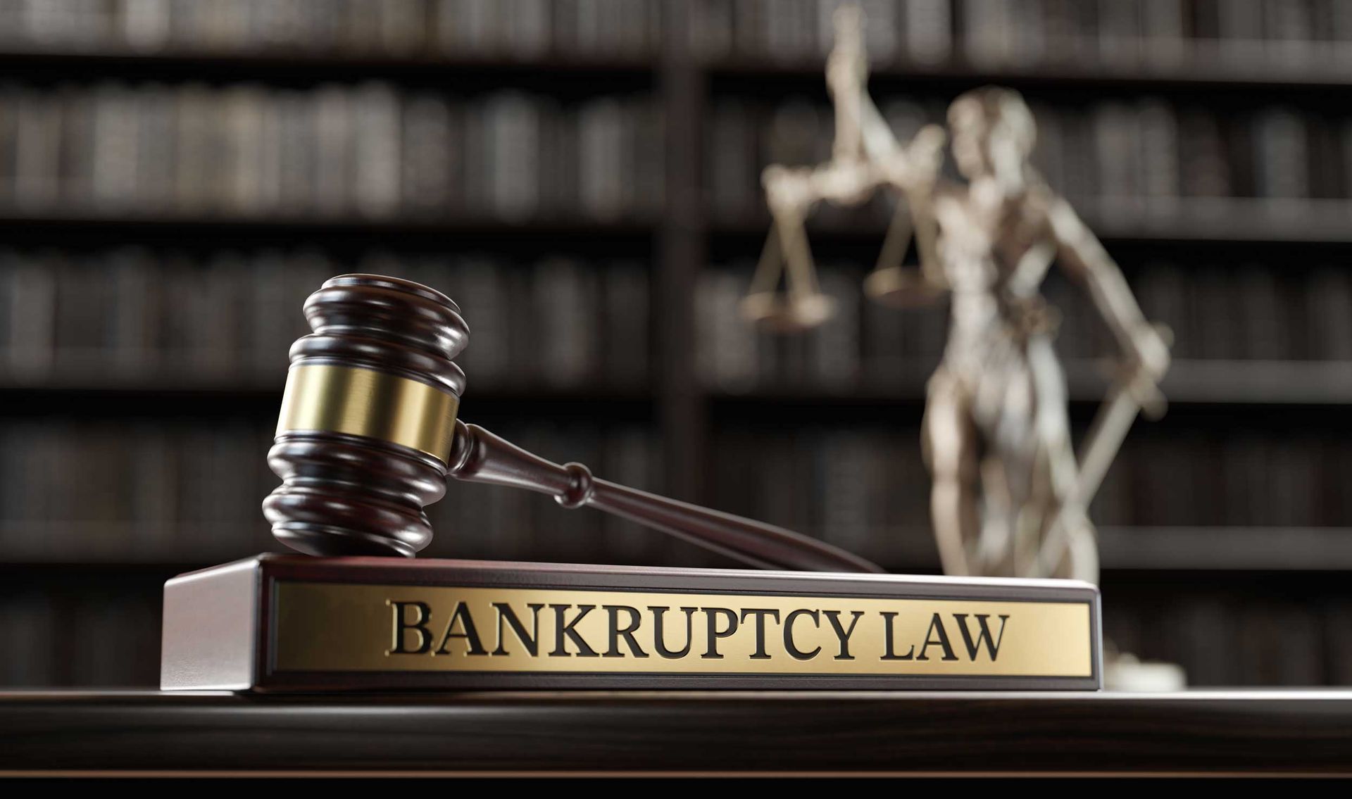 Judge’s gavel resting on a book labeled “Bankruptcy Law,” with legal scales.