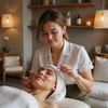 Spa worker tending to a client's face. The woman is relaxed under a towel, room has beige tones.