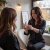 Two women in a room. One shows a skincare product. Neutral setting, soft lighting.