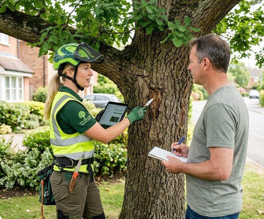 Certified arborist consulting with a homeowner on-site.