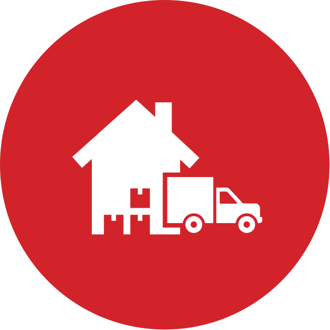 An icon of a house and a truck in a red circle.