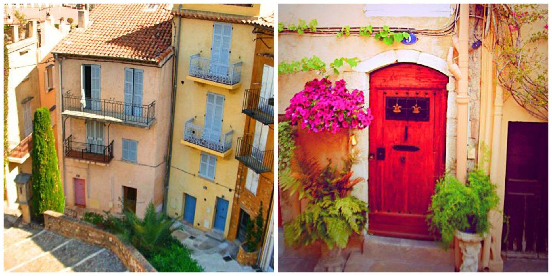 collage di due immagini di edifici e una porta rossa