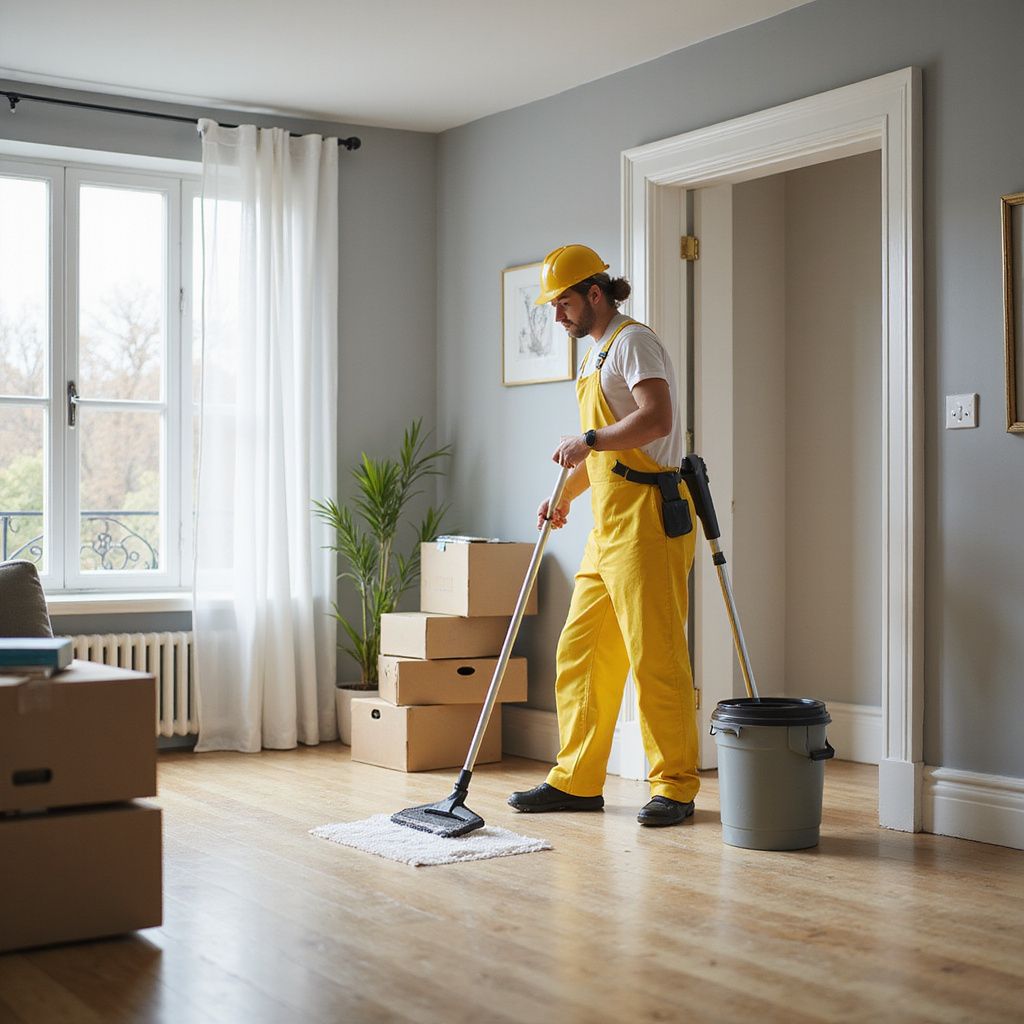 Person in yellow coveralls mops a room with cardboard boxes. There's a window, doorway, and bucket nearby.