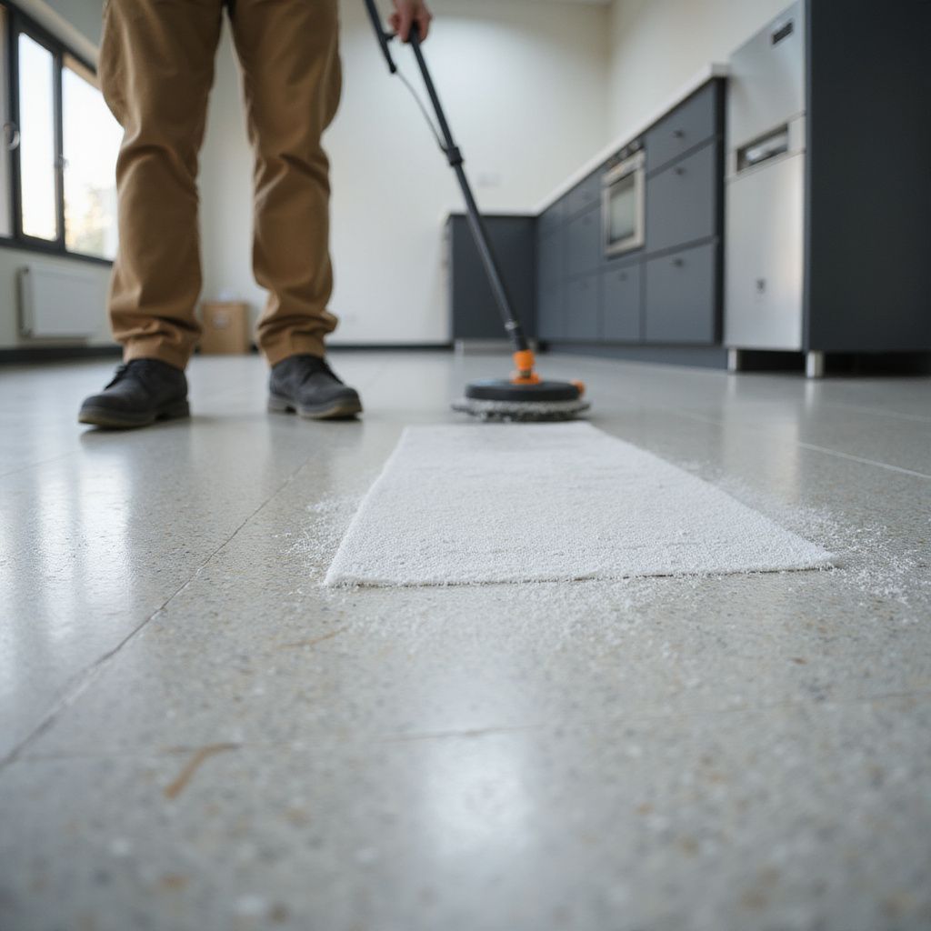 Person cleaning a floor with a scrubbing machine in a kitchen, spreading white powder.