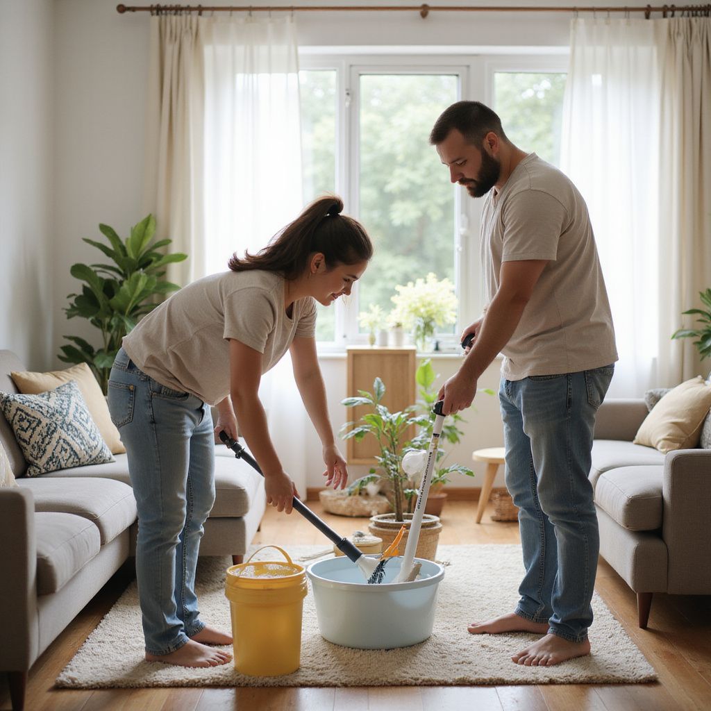 Couple mopping a living room floor. Woman wrings mop; man holds cleaning tools. Bucket, water, & rugs.