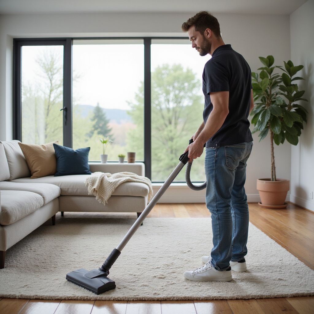 Man vacuums a carpet in a living room with a large window and a couch.