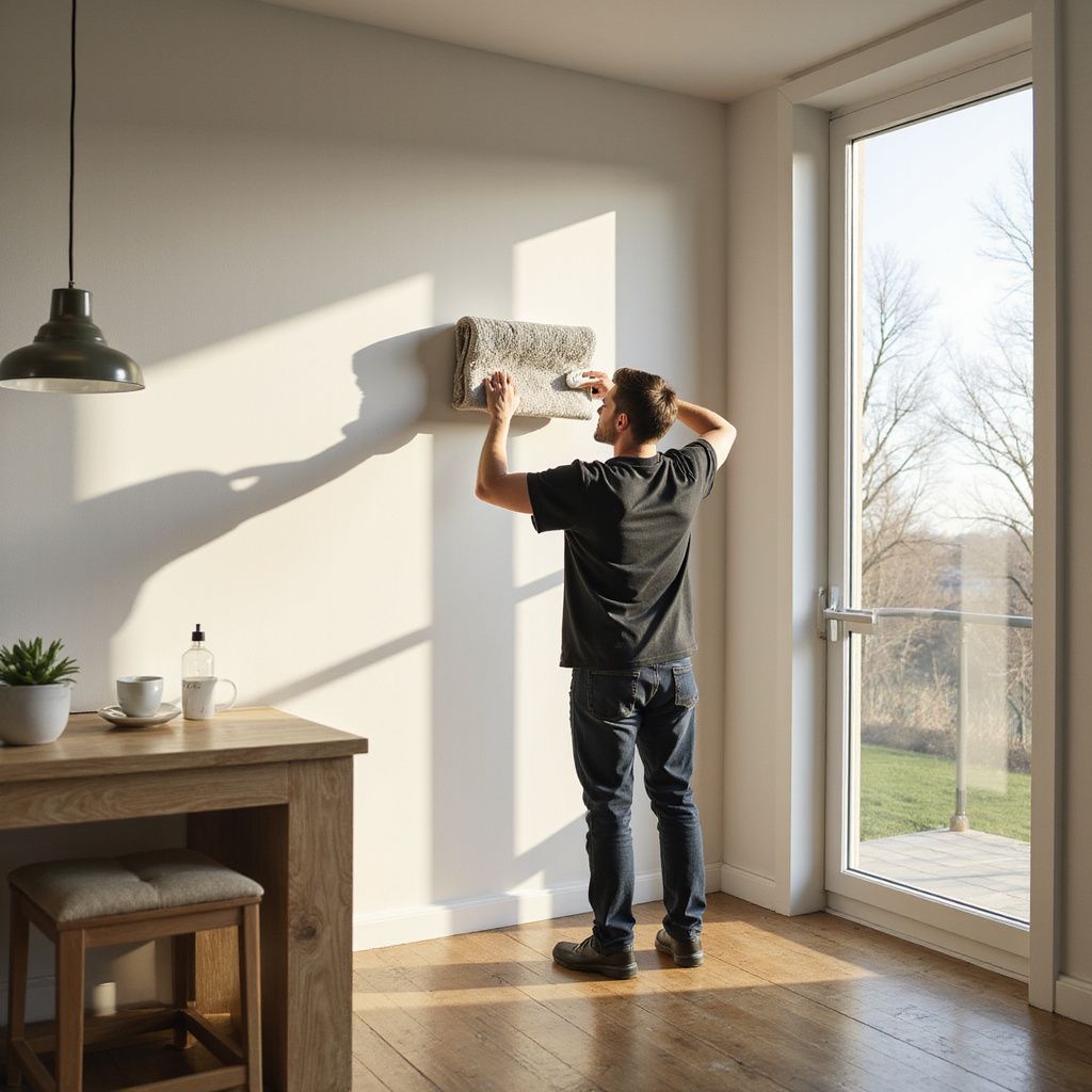 Man hanging a decorative item on a wall in a room with a window and a table.