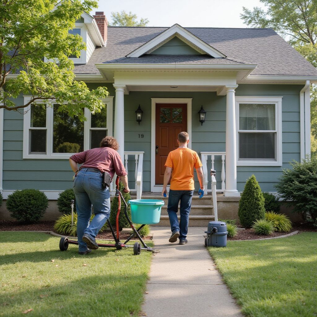 Two people walking toward a house with a teal exterior, carrying a bucket and equipment, on a sunny day.