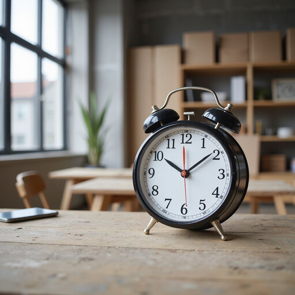 Black alarm clock on a wooden table, with a blurred background of a room and shelves.