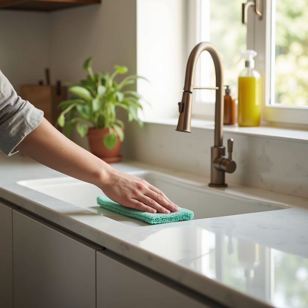 Person cleaning a white kitchen sink with a green sponge.