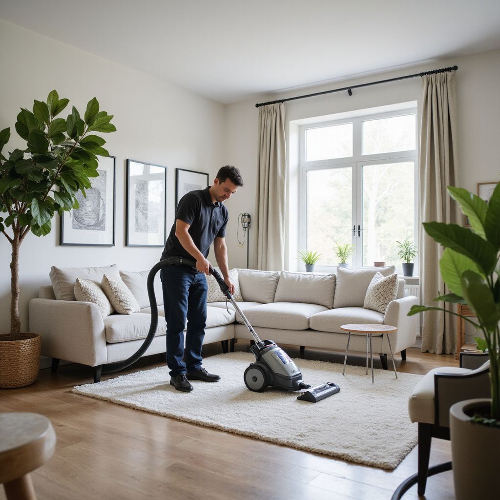 Man vacuums a white rug in a bright living room with a beige sectional, plants, and art.