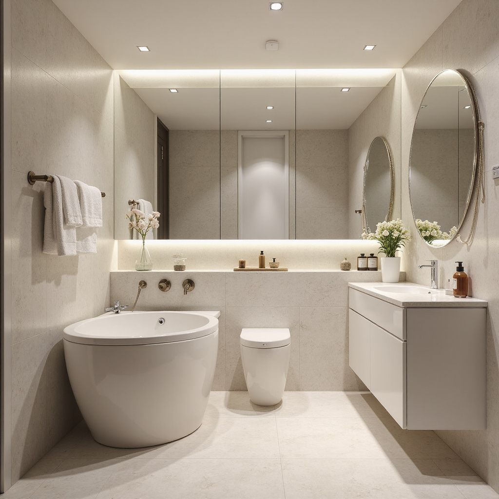 Modern bathroom with a white tub, toilet, and vanity. Large mirror and two oval mirrors. Soft lighting.