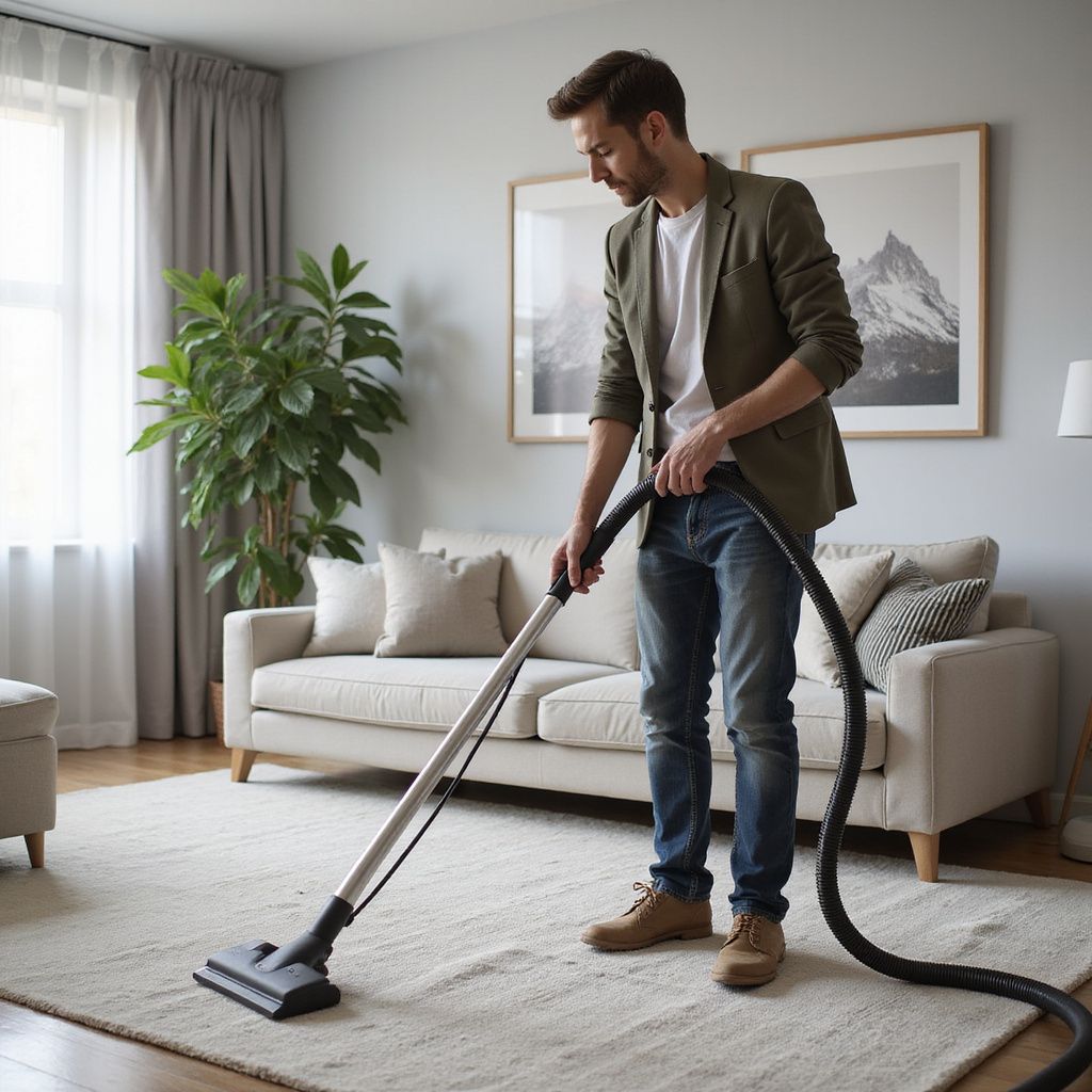 Man vacuums a cream rug in a living room, wearing jeans and a green jacket.