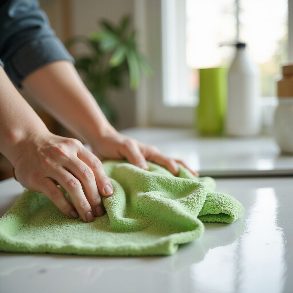 Person cleaning a white countertop with a green cloth in a kitchen.