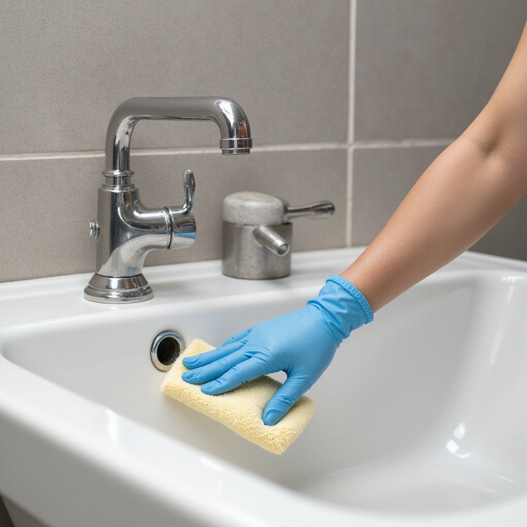 Person wearing blue glove cleans white sink with yellow sponge.
