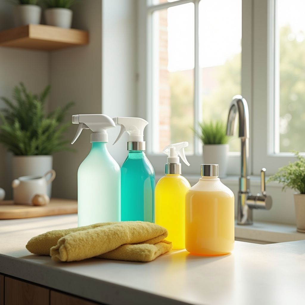 Cleaning supplies on a kitchen counter: spray bottles, yellow towels, sink, window, plants.