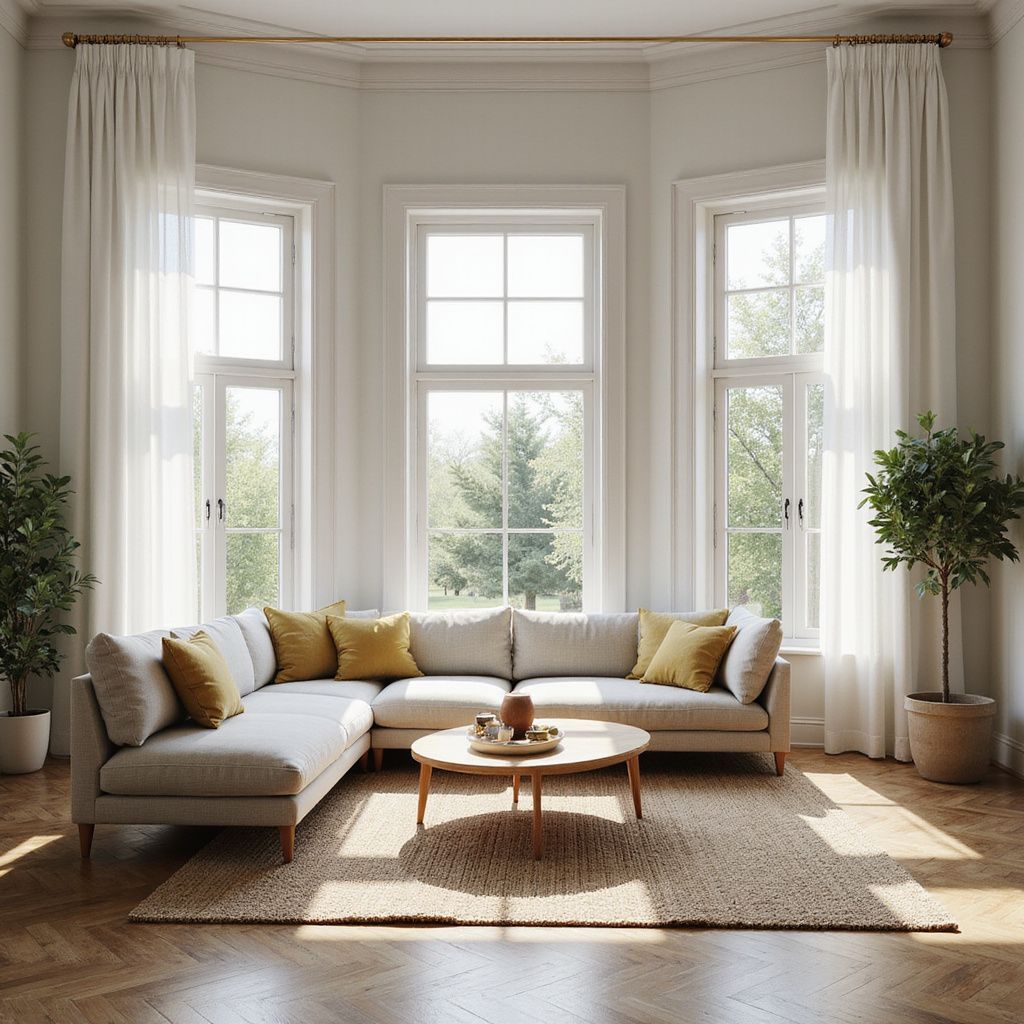 Bright living room with corner sofa, large windows, and plants. Beige rug, yellow pillows, wooden coffee table.