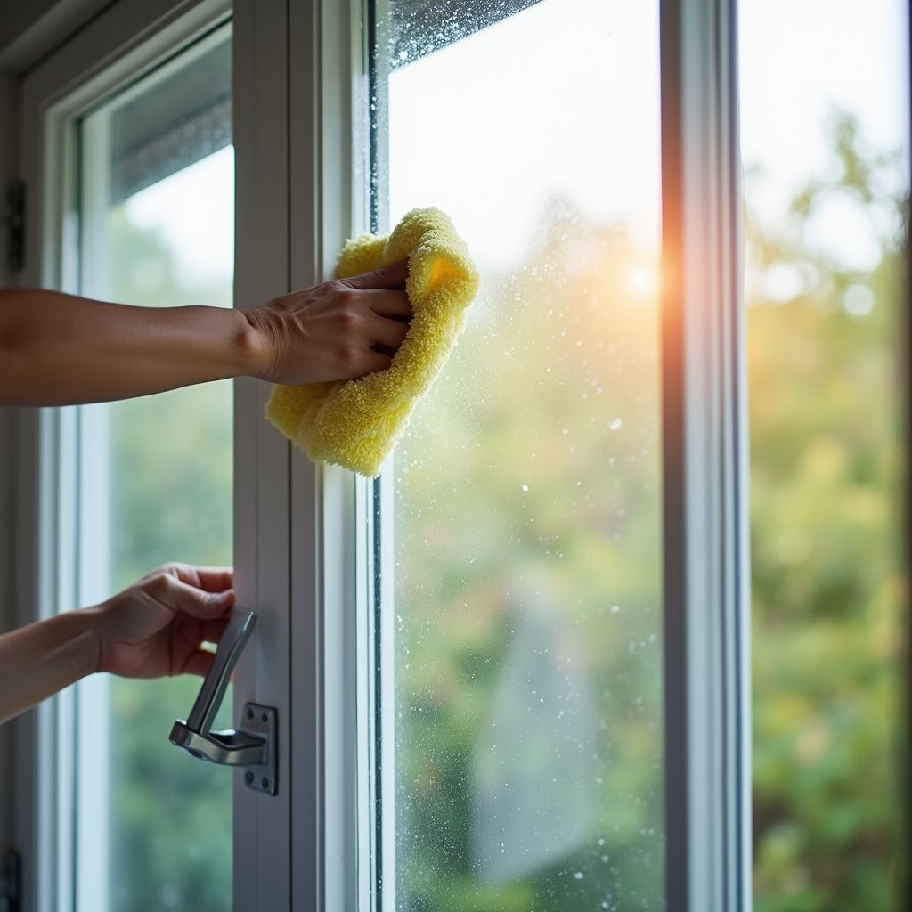 Person cleaning a window with a yellow cloth, outdoors.
