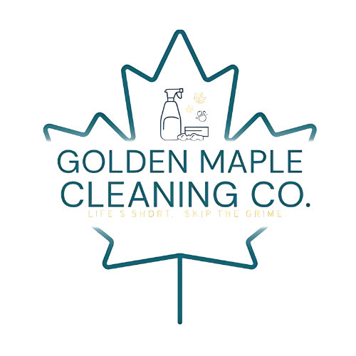 Logo for Golden Maple Cleaning Co., with teal outline of a maple leaf, cleaning supplies graphic, and company name.