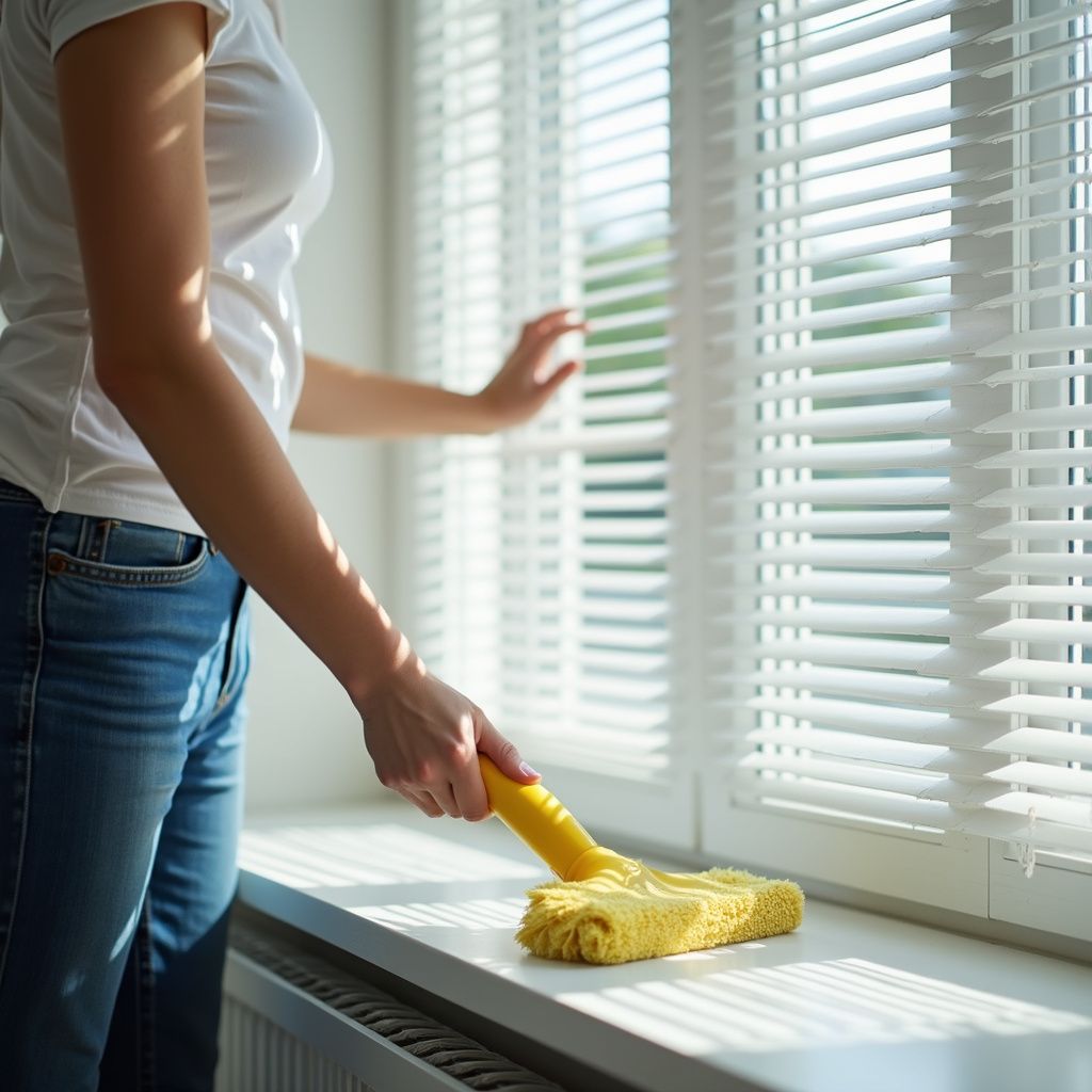 Person cleaning white window blinds with a yellow duster in a sunlit room.