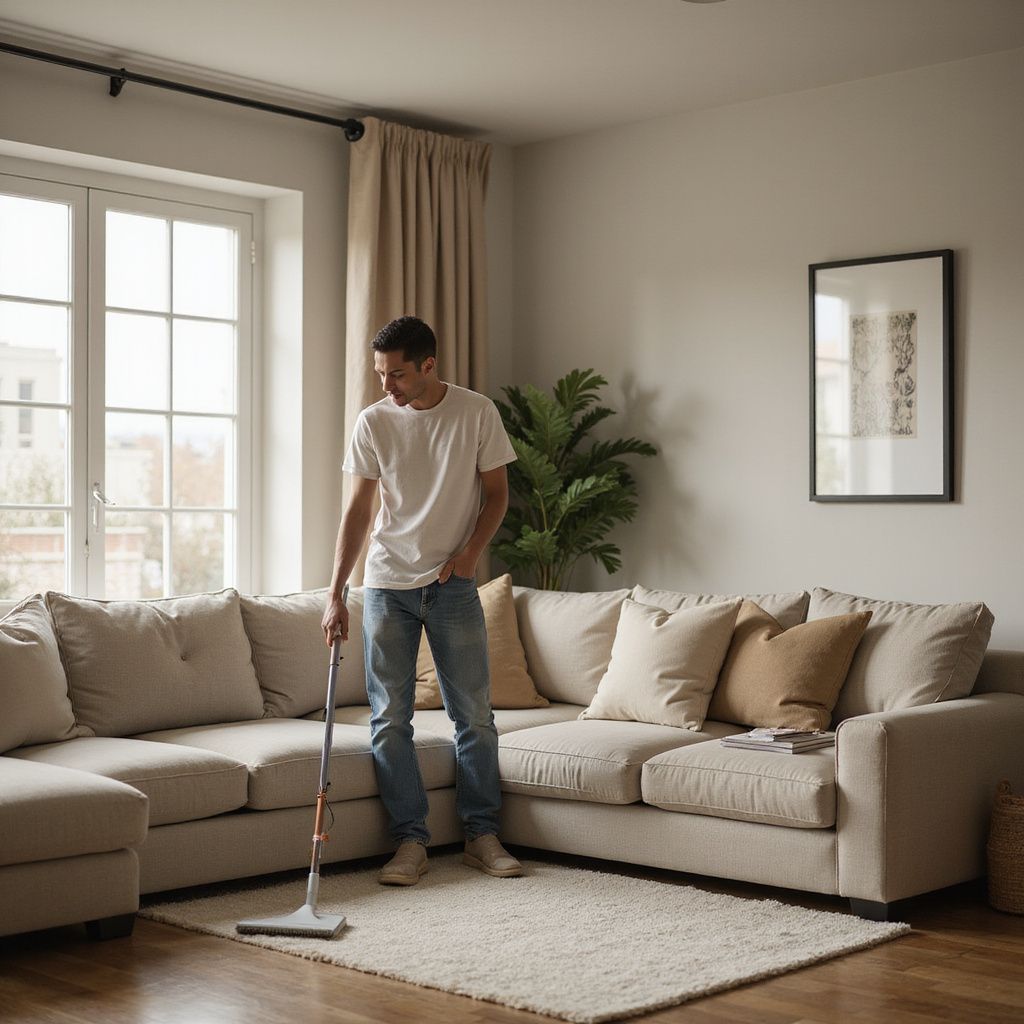 Man cleaning rug with a mop in a living room with sofa, window, and plants.