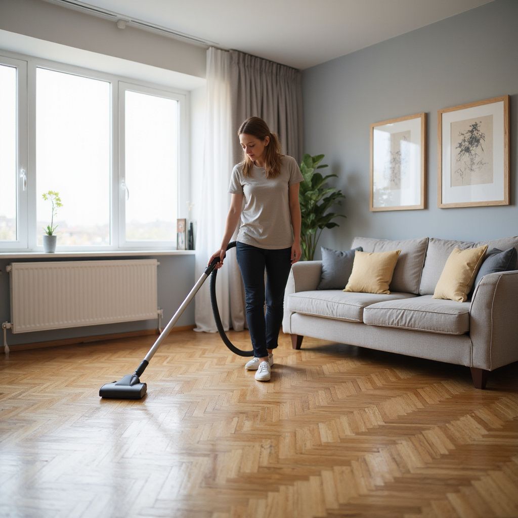 Woman vacuuming a hardwood floor in a living room, near a window and sofa.