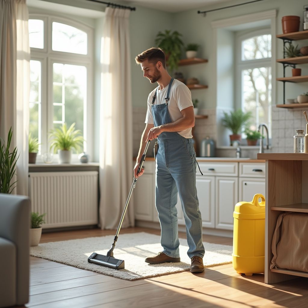 A person in denim overalls mops a carpet in a sunny kitchen. A yellow bucket sits nearby.