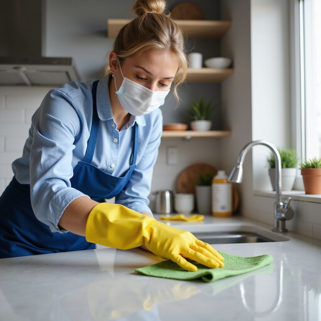 Woman in mask and gloves cleans kitchen countertop with a cloth.