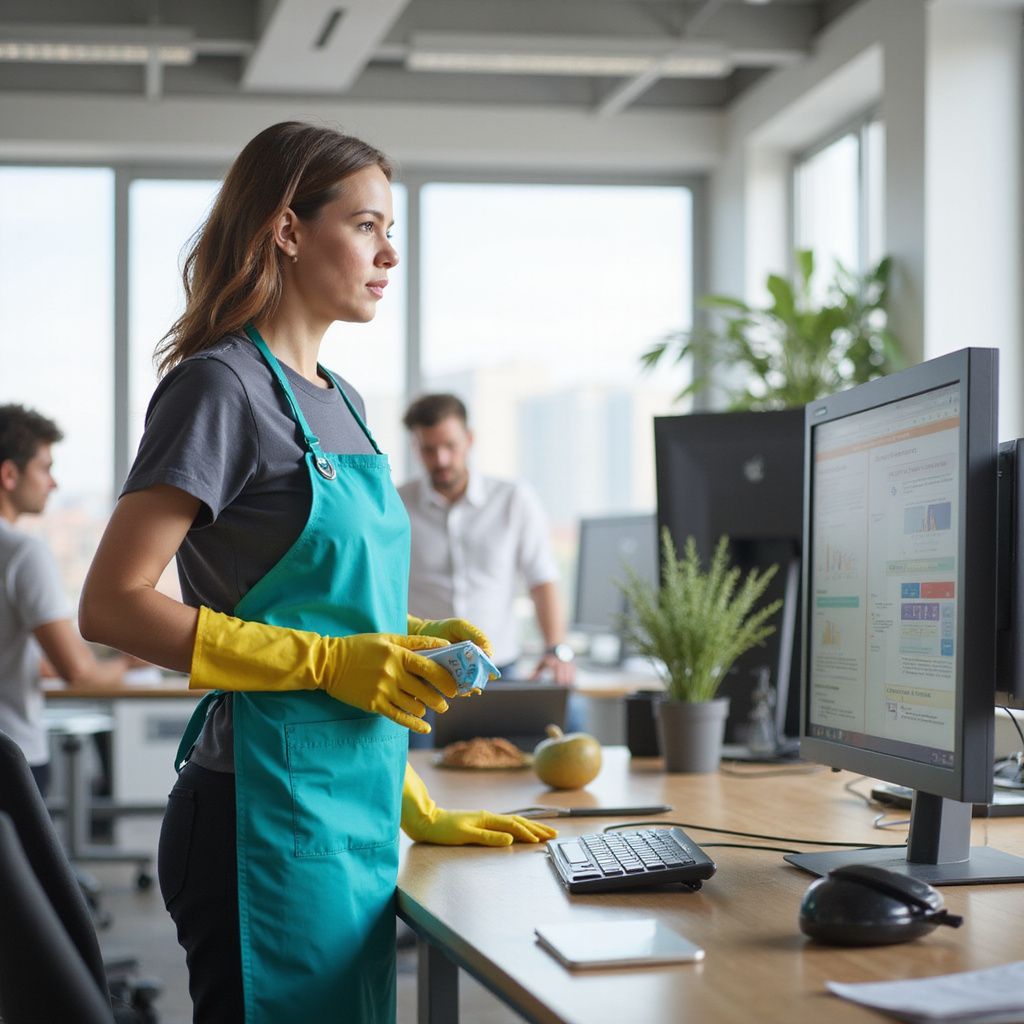 Woman cleaning a desk in an office. She wears an apron and yellow gloves; colleagues in background.