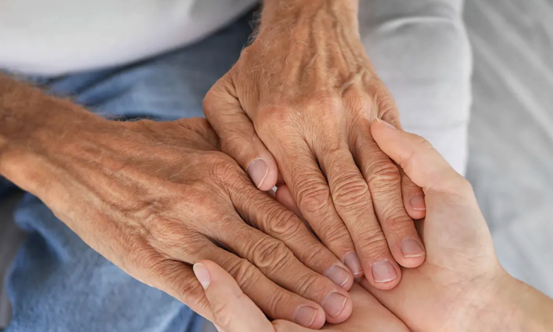 Two hands, one set from an older person, resting in the open palm of a younger hand.