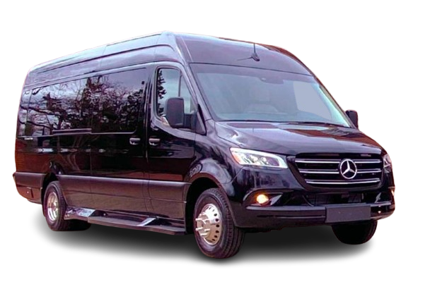 A black van with its doors open on a white background.