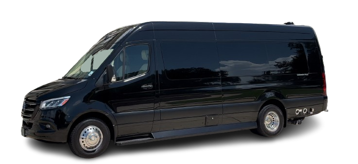 A black van is parked on a white background.