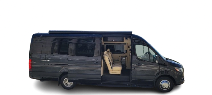 A black van with the doors open on a white background.