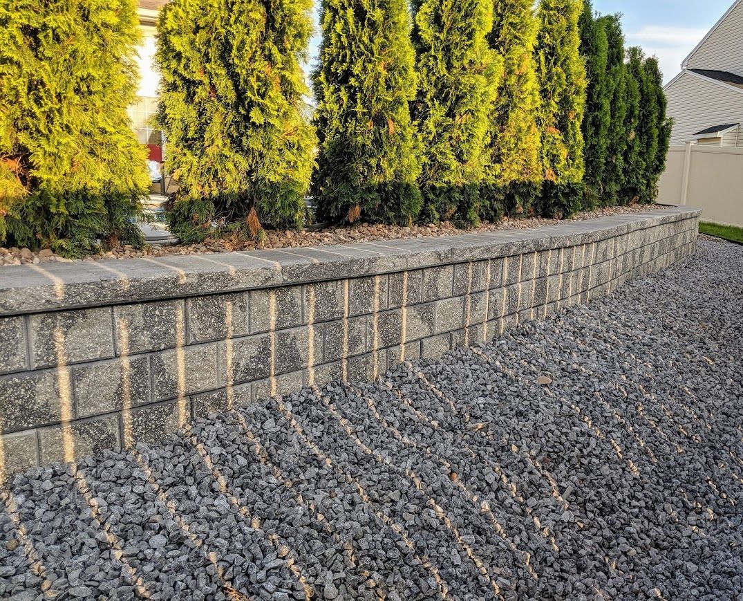Stone retaining wall with gravel base, topped with evergreen shrubs.