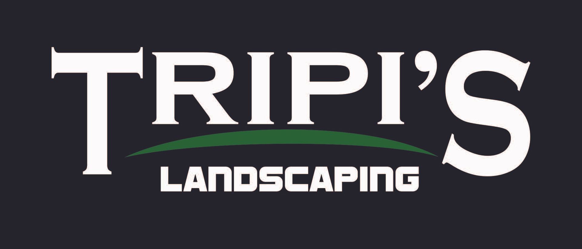 Logo for Tripi's Landscaping in white text, above a green arc, against a dark blue background.